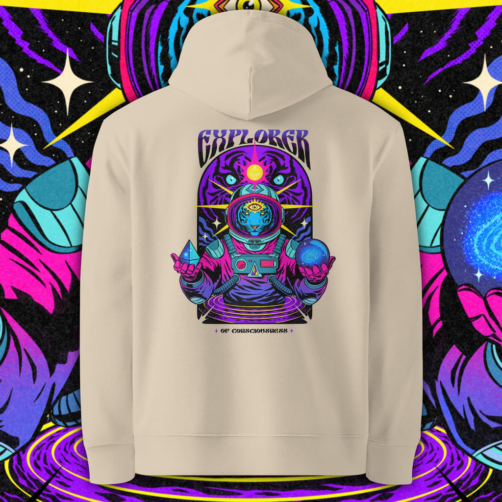 EXPLORER OF CONSCIOUSNESS - Unisex  eco hoodie. Illustrated artwork inspired by self-discovery and the exploration of awareness.