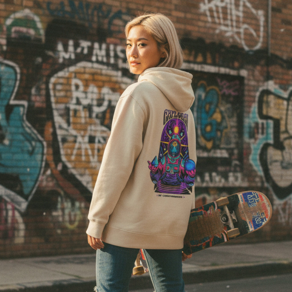 EXPLORER OF CONSCIOUSNESS - Unisex  eco hoodie. Illustrated artwork inspired by self-discovery and the exploration of awareness.