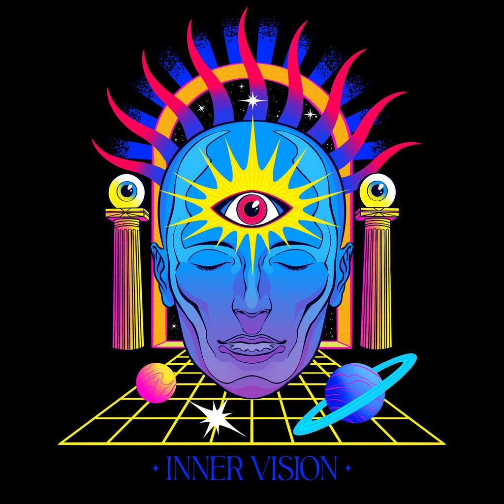 INNER VISION - Recycled Polyester Unisex Pullover Hoodie | Econscious. Illustrated garment inspired by inner exploration and visual journey.