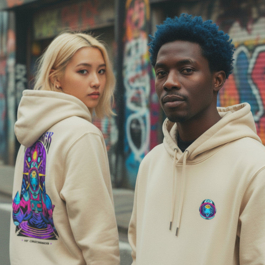 EXPLORER OF CONSCIOUSNESS - Unisex  eco hoodie. Illustrated artwork inspired by self-discovery and the exploration of awareness.