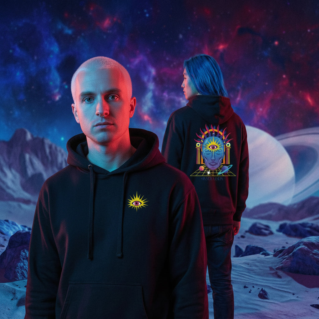 INNER VISION - Recycled Polyester Unisex Pullover Hoodie | Econscious. Illustrated garment inspired by inner exploration and visual journey.